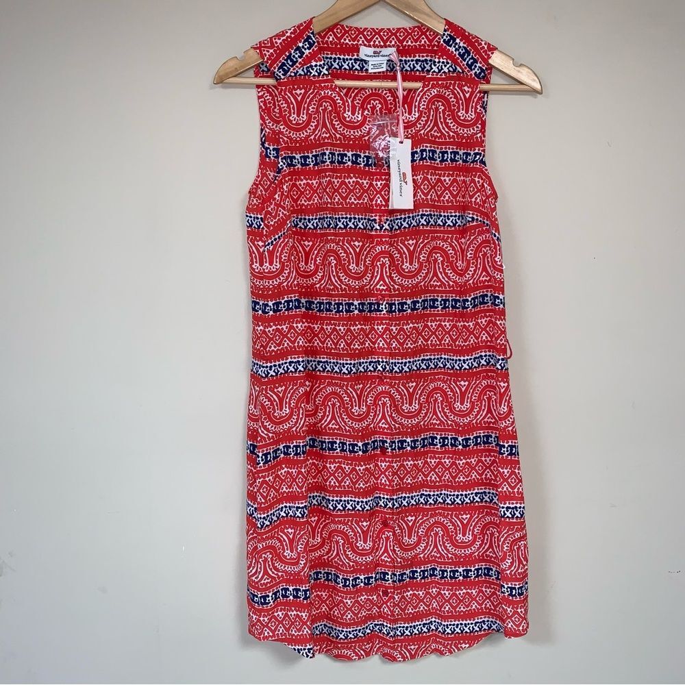 NEW VINEYARD VINES Silk Dress 2 Button Front Shift Genoa Geometric Print Summer